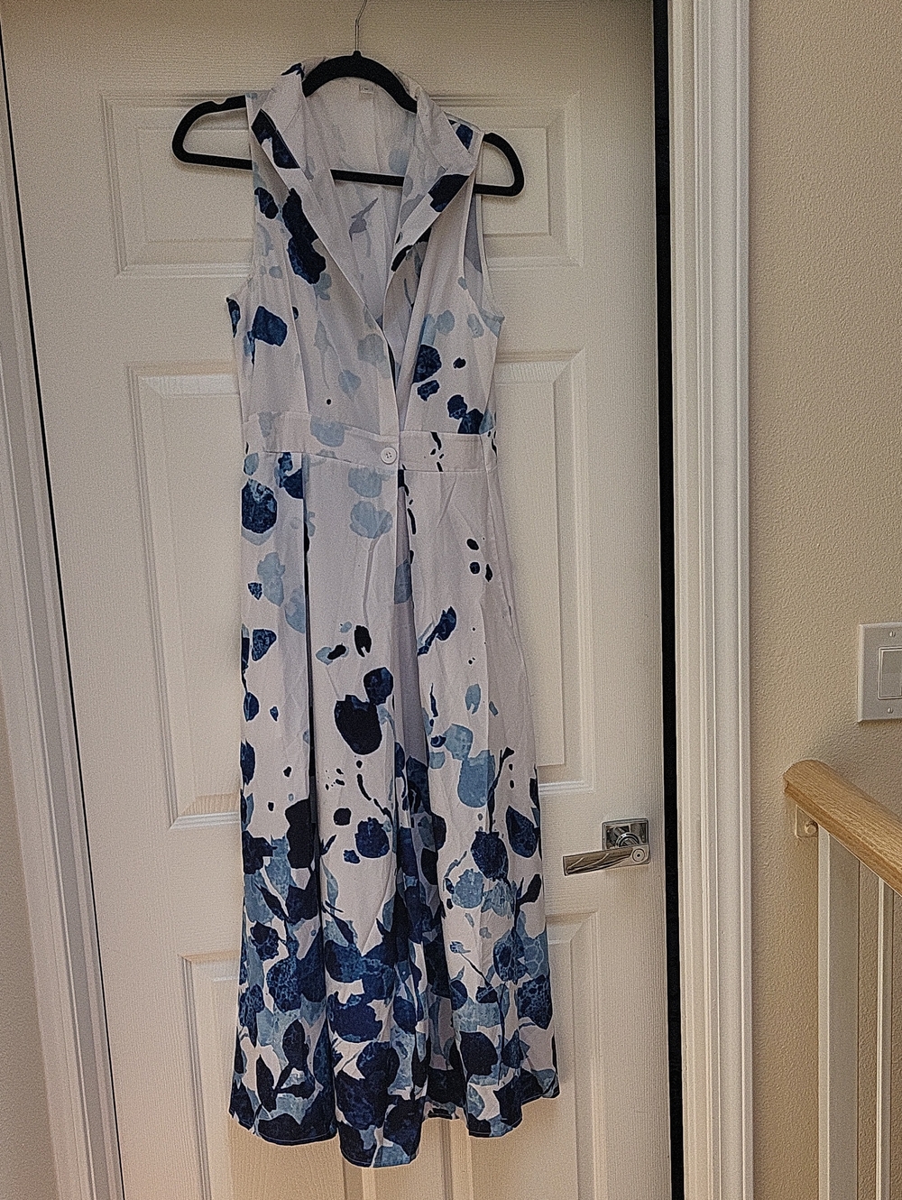 Sleeveless White Maxi Dress with Blue Watercolor Print